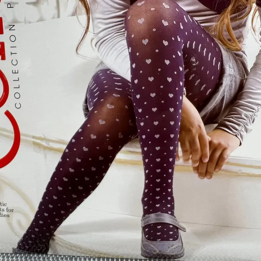 CONTE ANGELINA Elastic White Silver Hearts Tights 50 DEN Girls 10y/o 4'7''-4'9''